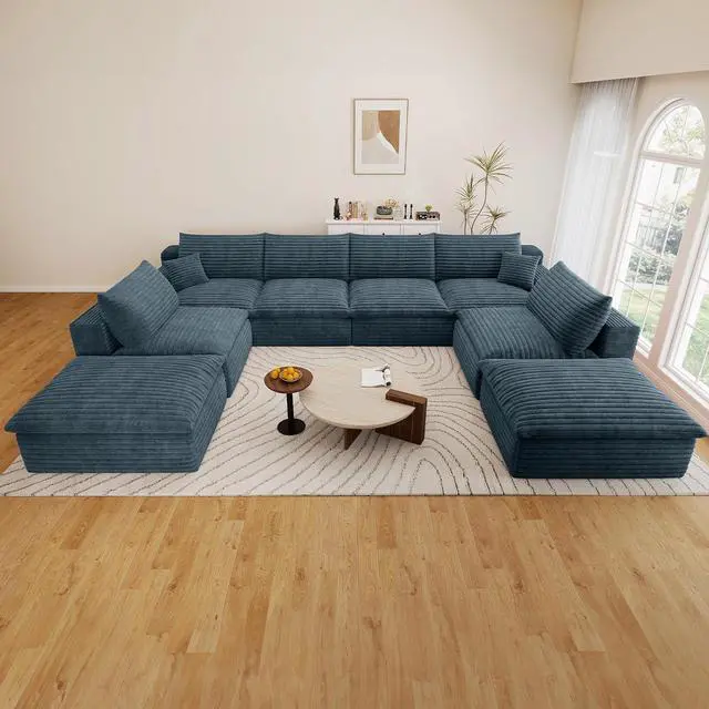 Main image of 136" Cloud Sectional Couch with U-Shaped Chaise,6-Seater Corduroy Viral Boneless Sofa with Ottoman,Memory Foam Couches in a Box with Deep Seat for Living Room,No Assembly Required, Blue