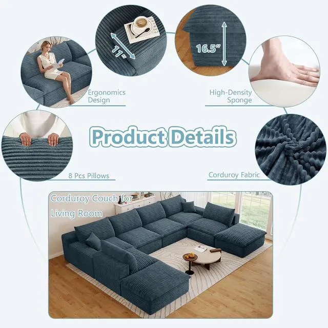 Alt view image 4 of 7 - 136" Cloud Sectional Couch with U-Shaped Chaise,6-Seater Corduroy Viral Boneless Sofa with Ottoman,Memory Foam Couches in a Box with Deep Seat for Living Room,No Assembly Required, Blue