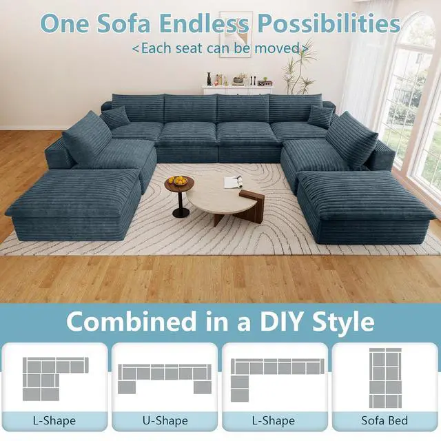Alt view image 5 of 7 - 136" Cloud Sectional Couch with U-Shaped Chaise,6-Seater Corduroy Viral Boneless Sofa with Ottoman,Memory Foam Couches in a Box with Deep Seat for Living Room,No Assembly Required, Blue