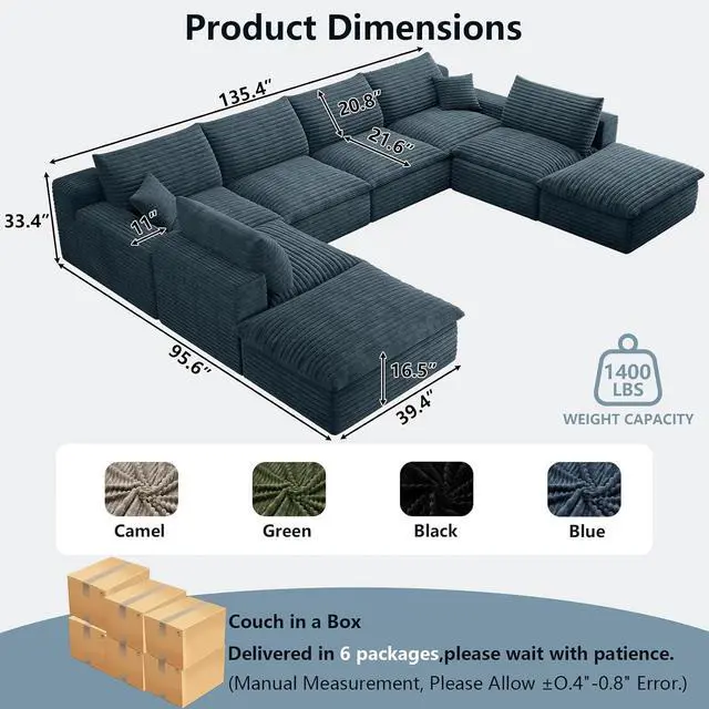 Alt view image 7 of 7 - 136" Cloud Sectional Couch with U-Shaped Chaise,6-Seater Corduroy Viral Boneless Sofa with Ottoman,Memory Foam Couches in a Box with Deep Seat for Living Room,No Assembly Required, Blue