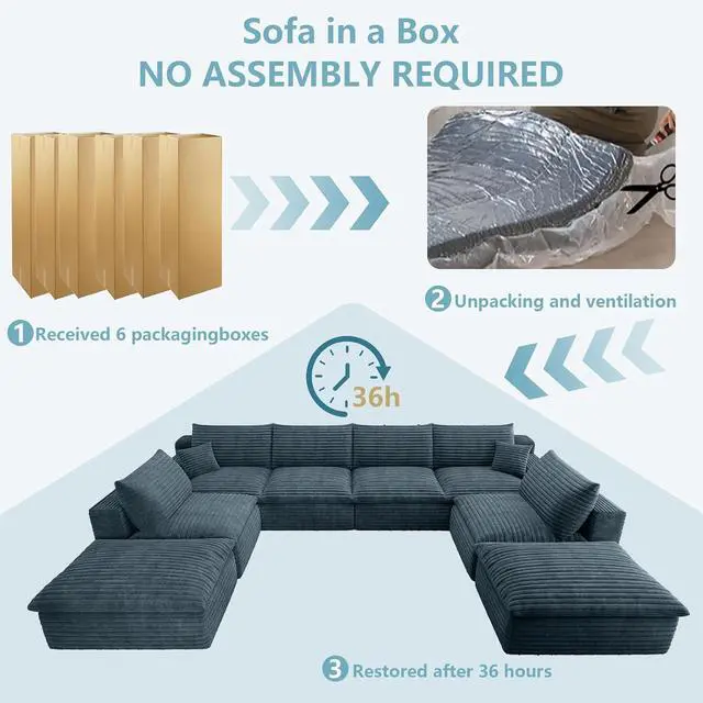 Alt view image 6 of 7 - 136" Cloud Sectional Couch with U-Shaped Chaise,6-Seater Corduroy Viral Boneless Sofa with Ottoman,Memory Foam Couches in a Box with Deep Seat for Living Room,No Assembly Required, Blue