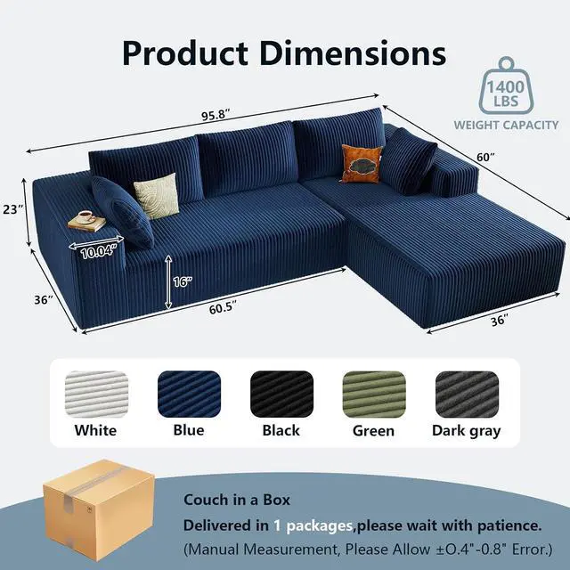 Alt view image 2 of 6 - 96" Cloud Sectional Couch with L-Shape Chaise, Modern Corduroy Boneless Couch for Living Room,Memory Foam Sofa with Deep Seat,No Assembly Required (Blue,Right-Facing Chaise)