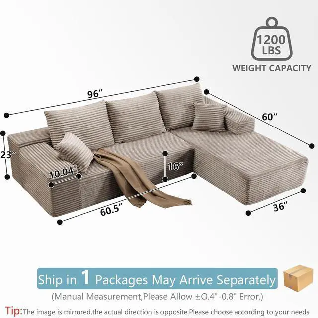 Alt view image 2 of 7 - 96" Modular Cloud Sectional Couch, L-Shape Corduroy Memory Foam Sofa with Deep Seat, Couch in a Box Compressed Boneless Couches for Living Room Bedroom Apartment(Camel,Right-Facing Chaise)
