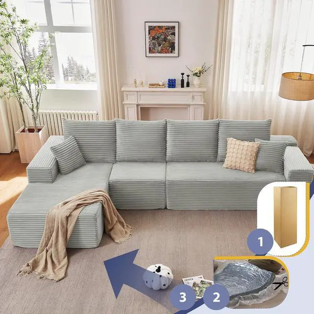 Alt view image 7 of 7 - 135.4" Cloud Sectional Couch with L-Shape Chaise, Modern Corduroy Boneless Couch for Living Room,Memory Foam Sofa with Deep Seat,No Assembly Required (Grey,Left-Facing Chaise)