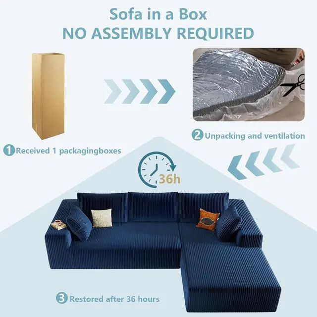 Alt view image 5 of 6 - 96" Cloud Sectional Couch with L-Shape Chaise, Modern Corduroy Boneless Couch for Living Room,Memory Foam Sofa with Deep Seat,No Assembly Required (Blue,Right-Facing Chaise)