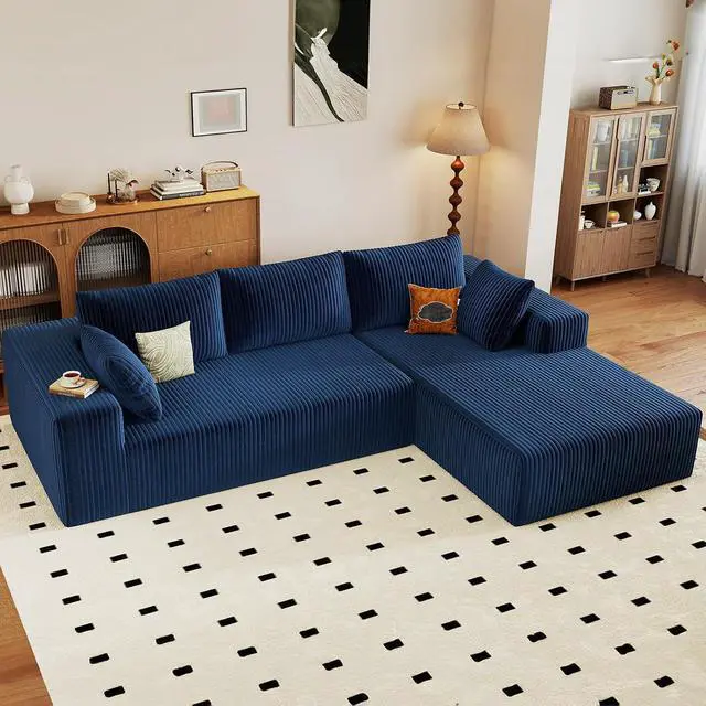 Alt view image 6 of 6 - 96" Cloud Sectional Couch with L-Shape Chaise, Modern Corduroy Boneless Couch for Living Room,Memory Foam Sofa with Deep Seat,No Assembly Required (Blue,Right-Facing Chaise)