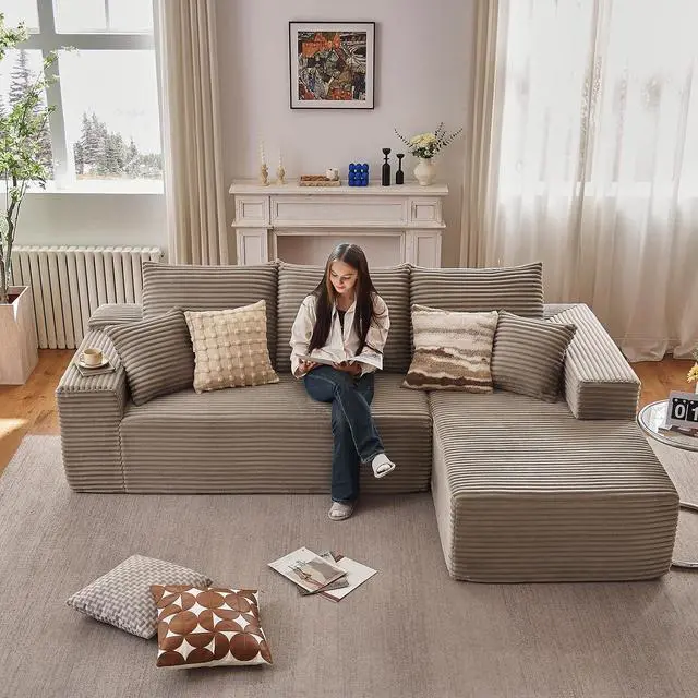 Main image of 96" Modular Cloud Sectional Couch, L-Shape Corduroy Memory Foam Sofa with Deep Seat, Couch in a Box Compressed Boneless Couches for Living Room Bedroom Apartment(Camel,Right-Facing Chaise)
