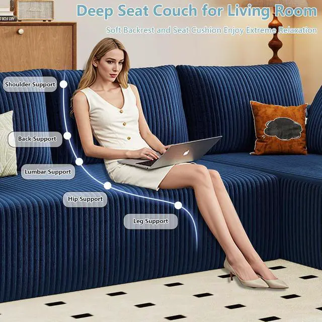 Alt view image 3 of 6 - 96" Cloud Sectional Couch with L-Shape Chaise, Modern Corduroy Boneless Couch for Living Room,Memory Foam Sofa with Deep Seat,No Assembly Required (Blue,Right-Facing Chaise)