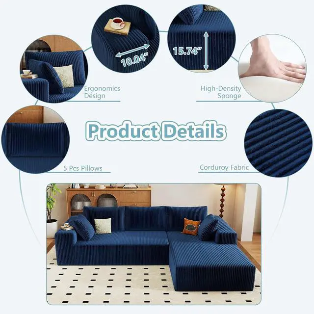 Alt view image 4 of 6 - 96" Cloud Sectional Couch with L-Shape Chaise, Modern Corduroy Boneless Couch for Living Room,Memory Foam Sofa with Deep Seat,No Assembly Required (Blue,Right-Facing Chaise)