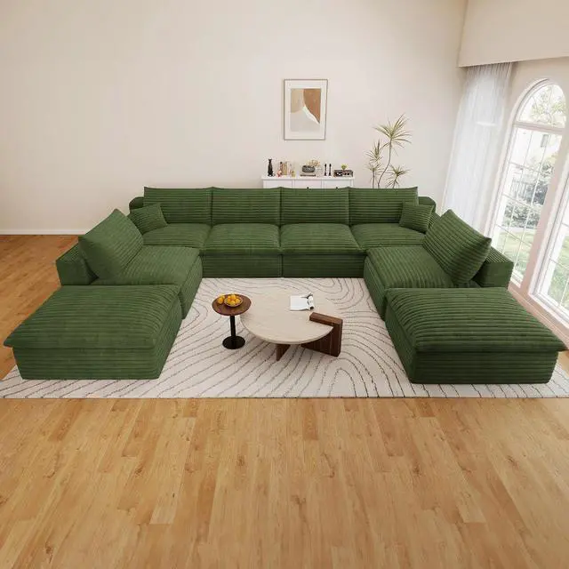 Main image of 136" Cloud Sectional Couch with U-Shaped Chaise,6-Seater Corduroy Viral Boneless Sofa with Ottoman,Memory Foam Couches in a Box with Deep Seat for Living Room,No Assembly Required, Green