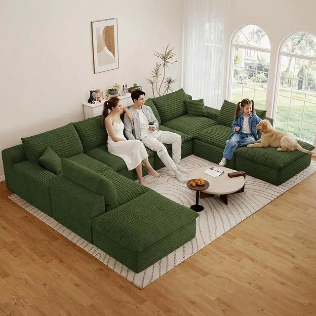 Alt view image 3 of 7 - 136" Cloud Sectional Couch with U-Shaped Chaise,6-Seater Corduroy Viral Boneless Sofa with Ottoman,Memory Foam Couches in a Box with Deep Seat for Living Room,No Assembly Required, Green