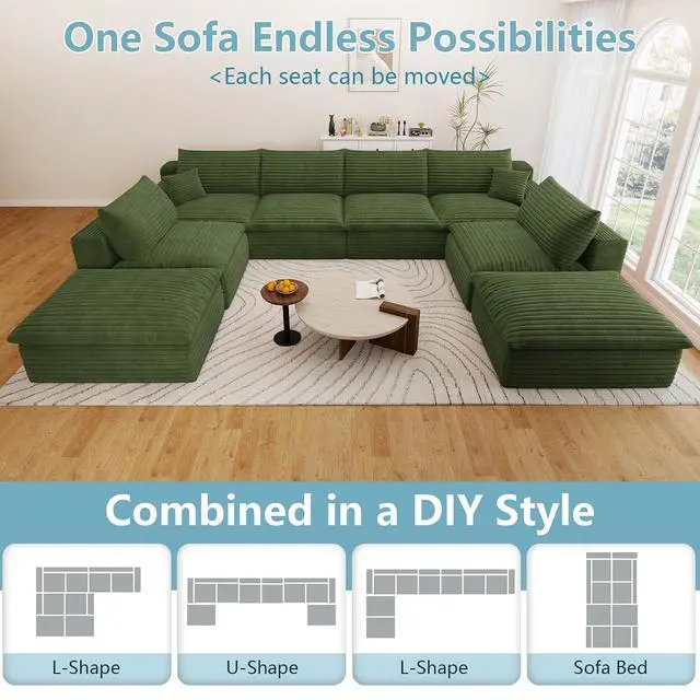 Alt view image 5 of 7 - 136" Cloud Sectional Couch with U-Shaped Chaise,6-Seater Corduroy Viral Boneless Sofa with Ottoman,Memory Foam Couches in a Box with Deep Seat for Living Room,No Assembly Required, Green