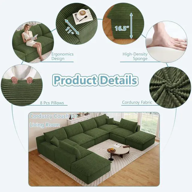 Alt view image 4 of 7 - 136" Cloud Sectional Couch with U-Shaped Chaise,6-Seater Corduroy Viral Boneless Sofa with Ottoman,Memory Foam Couches in a Box with Deep Seat for Living Room,No Assembly Required, Green