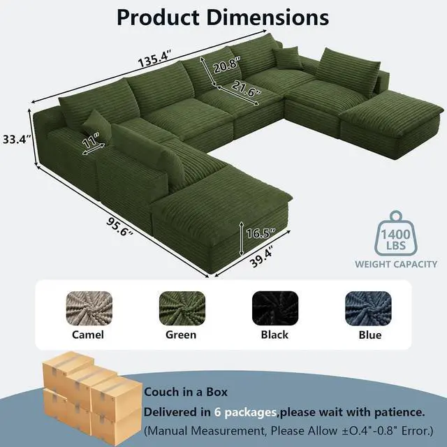 Alt view image 7 of 7 - 136" Cloud Sectional Couch with U-Shaped Chaise,6-Seater Corduroy Viral Boneless Sofa with Ottoman,Memory Foam Couches in a Box with Deep Seat for Living Room,No Assembly Required, Green
