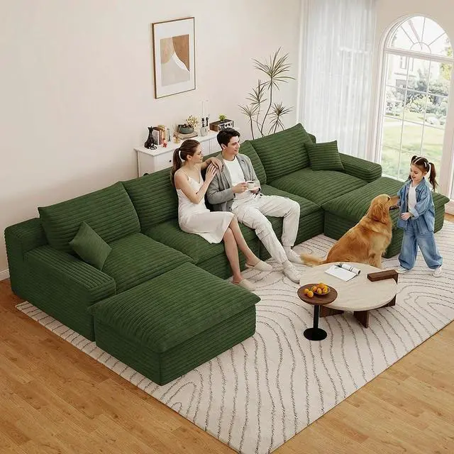 Main image of 136" Cloud Sectional Couch with U-Shaped Chaise,4-Seater Corduroy Viral Boneless Sofa with Ottoman,Memory Foam Couches in a Box with Deep Seat for Living Room,No Assembly Required, Green