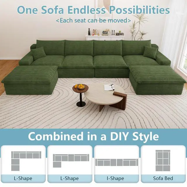 Alt view image 3 of 7 - 136" Cloud Sectional Couch with U-Shaped Chaise,4-Seater Corduroy Viral Boneless Sofa with Ottoman,Memory Foam Couches in a Box with Deep Seat for Living Room,No Assembly Required, Green