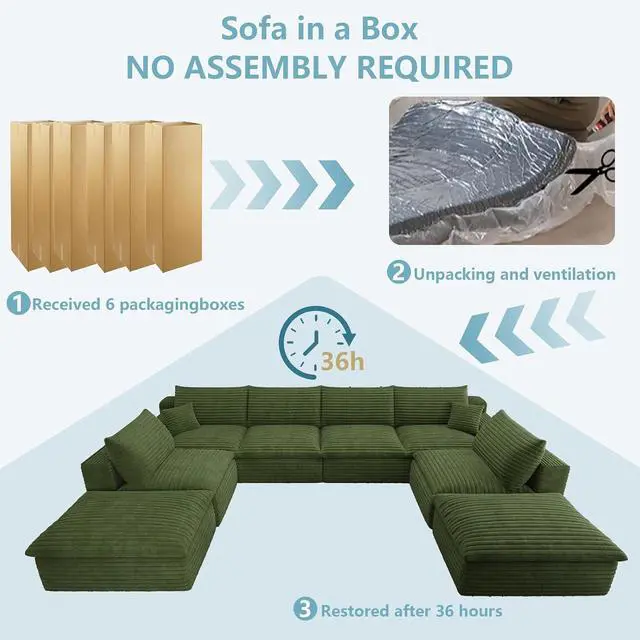 Alt view image 6 of 7 - 136" Cloud Sectional Couch with U-Shaped Chaise,6-Seater Corduroy Viral Boneless Sofa with Ottoman,Memory Foam Couches in a Box with Deep Seat for Living Room,No Assembly Required, Green