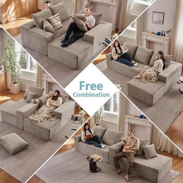 Alt view image 6 of 7 - 96" Modular Cloud Sectional Couch, L-Shape Corduroy Memory Foam Sofa with Deep Seat, Couch in a Box Compressed Boneless Couches for Living Room Bedroom Apartment(Camel,Right-Facing Chaise)