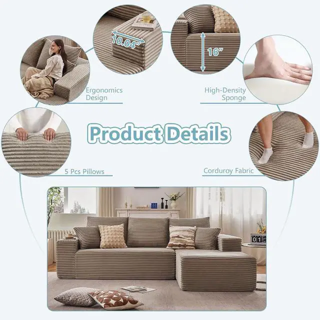Alt view image 4 of 7 - 96" Modular Cloud Sectional Couch, L-Shape Corduroy Memory Foam Sofa with Deep Seat, Couch in a Box Compressed Boneless Couches for Living Room Bedroom Apartment(Camel,Right-Facing Chaise)