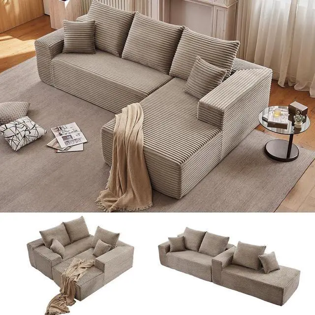 Alt view image 5 of 7 - 96" Modular Cloud Sectional Couch, L-Shape Corduroy Memory Foam Sofa with Deep Seat, Couch in a Box Compressed Boneless Couches for Living Room Bedroom Apartment(Camel,Right-Facing Chaise)