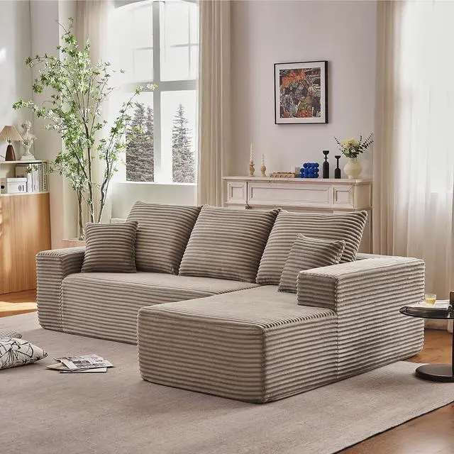 Alt view image 7 of 7 - 96" Modular Cloud Sectional Couch, L-Shape Corduroy Memory Foam Sofa with Deep Seat, Couch in a Box Compressed Boneless Couches for Living Room Bedroom Apartment(Camel,Right-Facing Chaise)