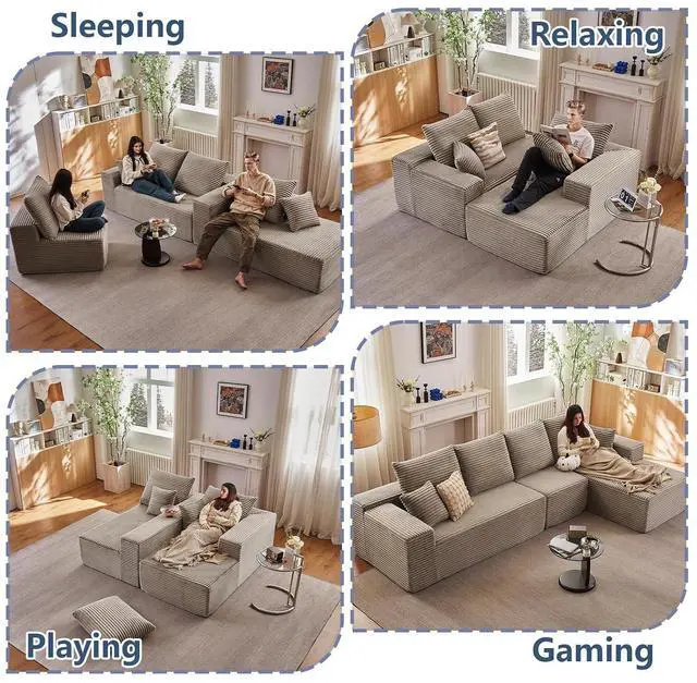 Alt view image 3 of 7 - 135.4" Cloud Sectional Couch with L-Shape Chaise, Modern Corduroy Boneless Couch for Living Room,Memory Foam Sofa with Deep Seat,No Assembly Required (Camel,Right-Facing Chaise)