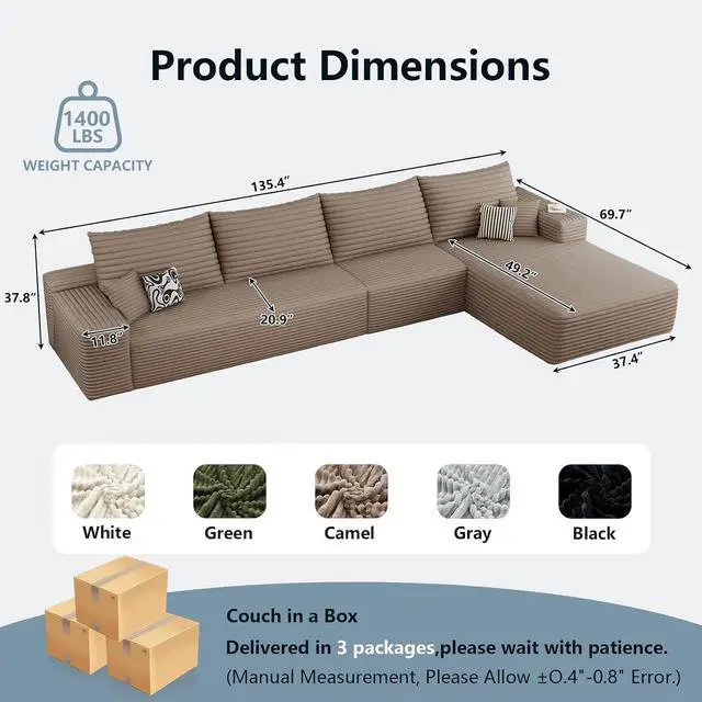 Alt view image 2 of 7 - 135.4" Cloud Sectional Couch with L-Shape Chaise, Modern Corduroy Boneless Couch for Living Room,Memory Foam Sofa with Deep Seat,No Assembly Required (Camel,Right-Facing Chaise)