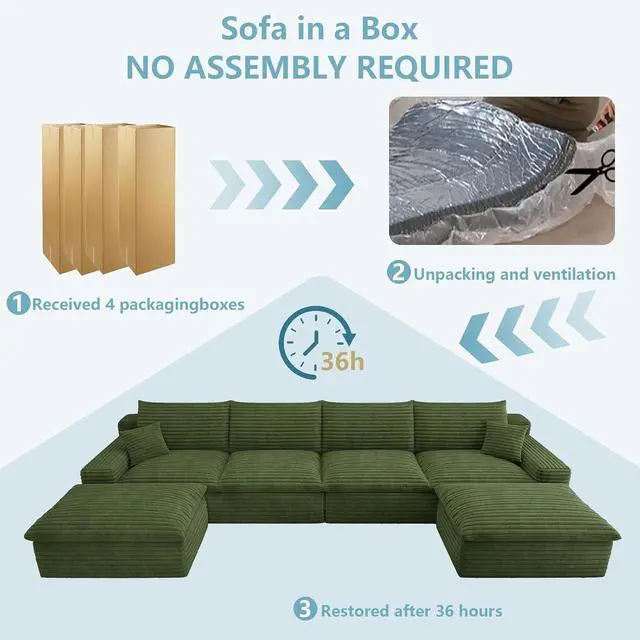Alt view image 7 of 7 - 136" Cloud Sectional Couch with U-Shaped Chaise,4-Seater Corduroy Viral Boneless Sofa with Ottoman,Memory Foam Couches in a Box with Deep Seat for Living Room,No Assembly Required, Green
