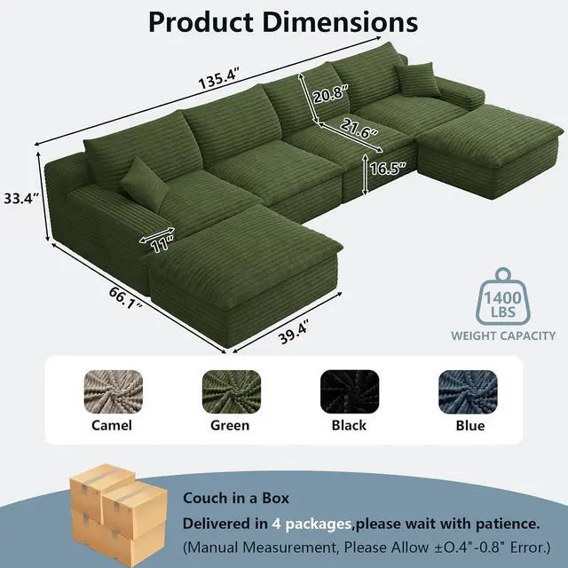 Alt view image 6 of 7 - 136" Cloud Sectional Couch with U-Shaped Chaise,4-Seater Corduroy Viral Boneless Sofa with Ottoman,Memory Foam Couches in a Box with Deep Seat for Living Room,No Assembly Required, Green