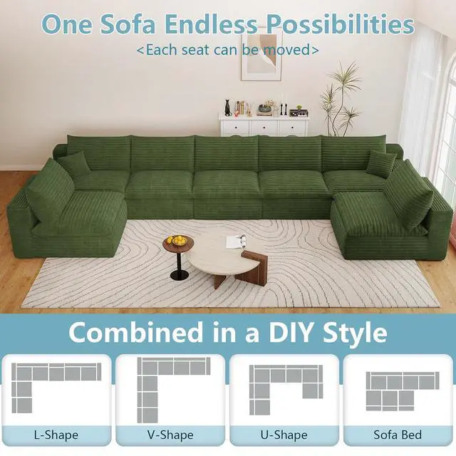 Alt view image 4 of 7 - 165" Oversized Cloud Sectional Couch with U-Shaped Chaise,7-Seater Corduroy Viral Boneless Sofa,Memory Foam Couches in a Box with Deep Seat for Living Room,No Assembly Required, Green