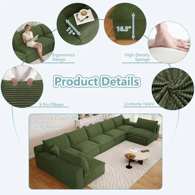 Alt view image 5 of 7 - 165" Oversized Cloud Sectional Couch with U-Shaped Chaise,7-Seater Corduroy Viral Boneless Sofa,Memory Foam Couches in a Box with Deep Seat for Living Room,No Assembly Required, Green