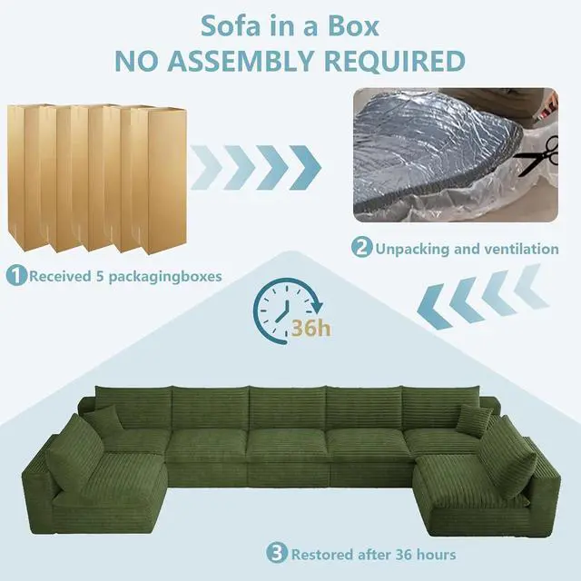 Alt view image 6 of 7 - 165" Oversized Cloud Sectional Couch with U-Shaped Chaise,7-Seater Corduroy Viral Boneless Sofa,Memory Foam Couches in a Box with Deep Seat for Living Room,No Assembly Required, Green