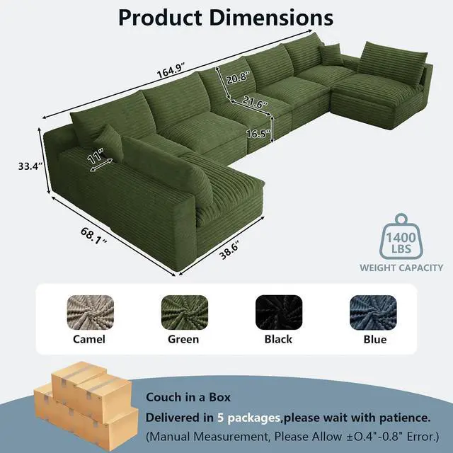 Alt view image 7 of 7 - 165" Oversized Cloud Sectional Couch with U-Shaped Chaise,7-Seater Corduroy Viral Boneless Sofa,Memory Foam Couches in a Box with Deep Seat for Living Room,No Assembly Required, Green