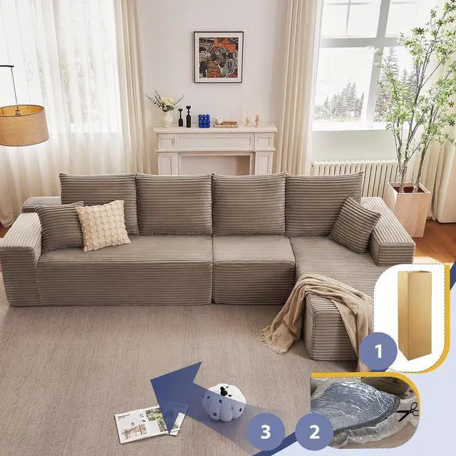 Alt view image 7 of 7 - 135.4" Cloud Sectional Couch with L-Shape Chaise, Modern Corduroy Boneless Couch for Living Room,Memory Foam Sofa with Deep Seat,No Assembly Required (Camel,Right-Facing Chaise)
