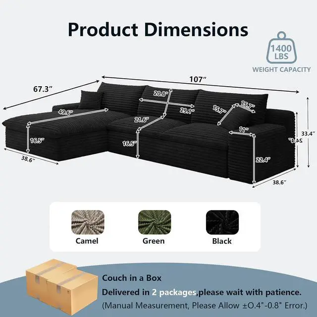 Alt view image 2 of 7 - 107" Cloud Sectional Couch with L-Shape Chaise, Modern Corduroy Viral Boneless Sofa for Living Room,Memory Foam Couches in a Box with Deep Seat,No Assembly Required (Jet Black,Left-Facing Chaise)