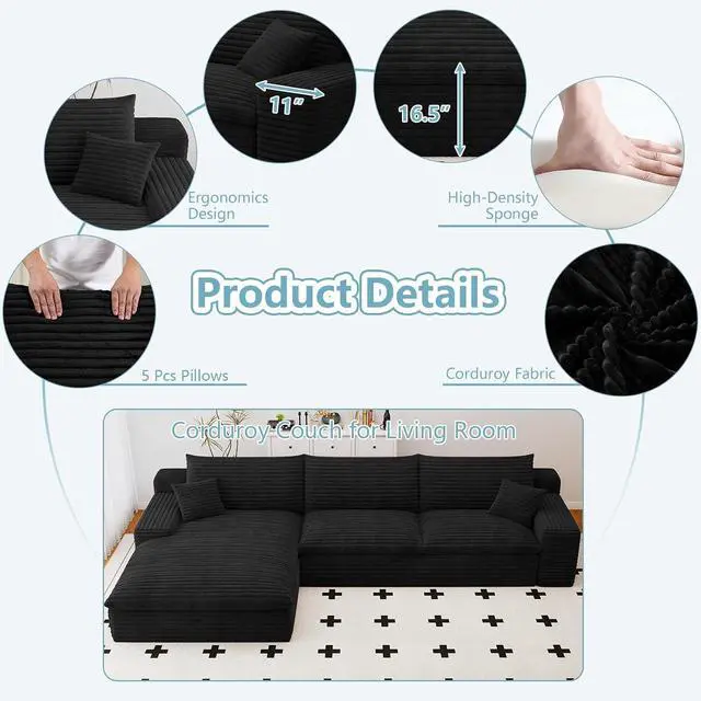 Alt view image 5 of 7 - 107" Cloud Sectional Couch with L-Shape Chaise, Modern Corduroy Viral Boneless Sofa for Living Room,Memory Foam Couches in a Box with Deep Seat,No Assembly Required (Jet Black,Left-Facing Chaise)