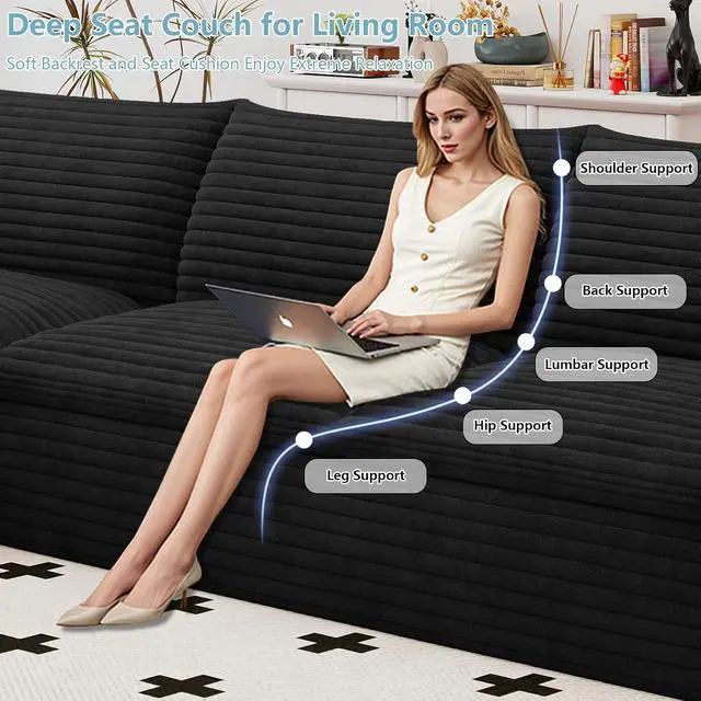 Alt view image 4 of 7 - 107" Cloud Sectional Couch with L-Shape Chaise, Modern Corduroy Viral Boneless Sofa for Living Room,Memory Foam Couches in a Box with Deep Seat,No Assembly Required (Jet Black,Left-Facing Chaise)