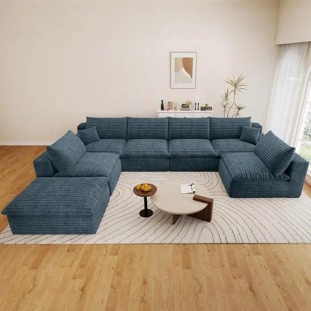 Main image of 136" Cloud Sectional Couch with U-Shaped Chaise,6-Seater Corduroy Viral Boneless Sofa with Ottoman,Memory Foam Couches in a Box with Deep Seat for Living Room,No Assembly Required, Blue