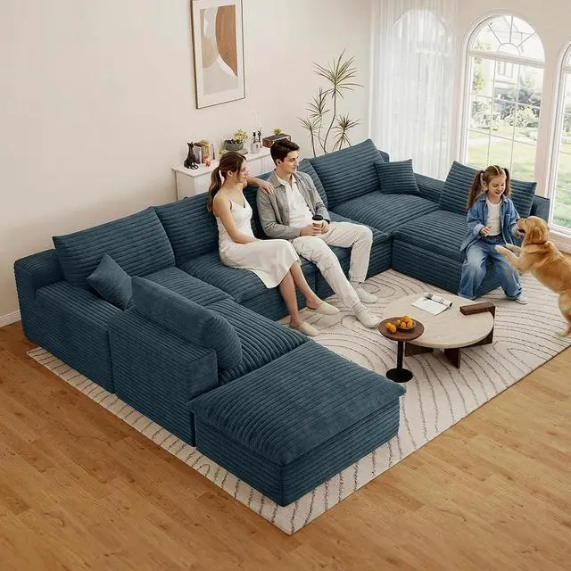 Alt view image 3 of 7 - 136" Cloud Sectional Couch with U-Shaped Chaise,6-Seater Corduroy Viral Boneless Sofa with Ottoman,Memory Foam Couches in a Box with Deep Seat for Living Room,No Assembly Required, Blue