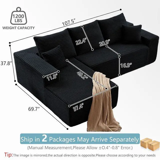 Alt view image 2 of 7 - 107" W Cloud Sectional Couch with L-Shape Chaise, Modern Corduroy Boneless Couch for Living Room,Memory Foam Sofa with Deep Seat,No Assembly Required (Black,Left-Facing Chaise)