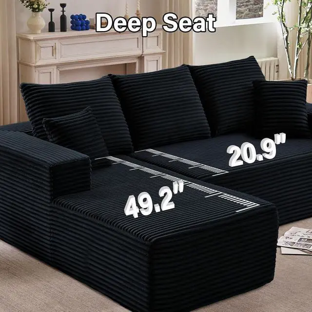 Alt view image 3 of 7 - 107" W Cloud Sectional Couch with L-Shape Chaise, Modern Corduroy Boneless Couch for Living Room,Memory Foam Sofa with Deep Seat,No Assembly Required (Black,Left-Facing Chaise)