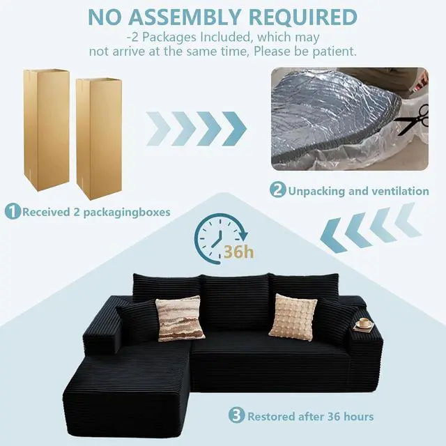 Alt view image 6 of 7 - 107" W Cloud Sectional Couch with L-Shape Chaise, Modern Corduroy Boneless Couch for Living Room,Memory Foam Sofa with Deep Seat,No Assembly Required (Black,Left-Facing Chaise)