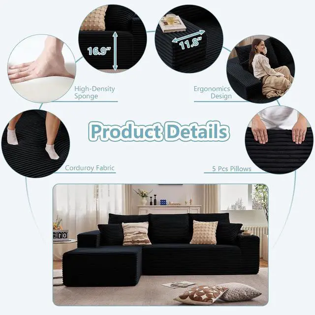 Alt view image 4 of 7 - 107" W Cloud Sectional Couch with L-Shape Chaise, Modern Corduroy Boneless Couch for Living Room,Memory Foam Sofa with Deep Seat,No Assembly Required (Black,Left-Facing Chaise)