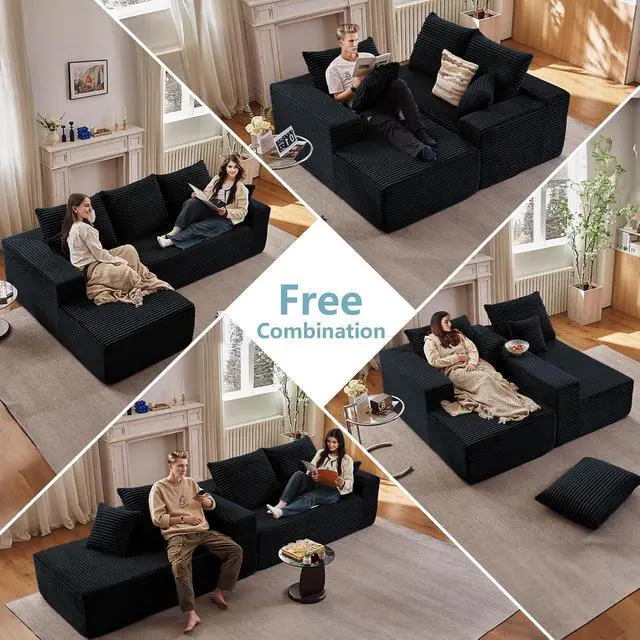 Alt view image 5 of 7 - 107" W Cloud Sectional Couch with L-Shape Chaise, Modern Corduroy Boneless Couch for Living Room,Memory Foam Sofa with Deep Seat,No Assembly Required (Black,Left-Facing Chaise)