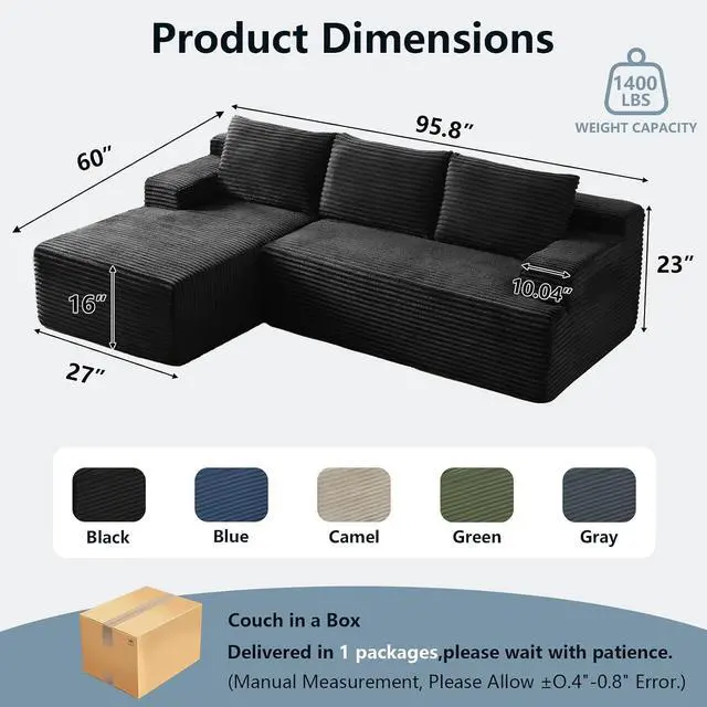 Alt view image 2 of 7 - 96" Cloud Sectional Couch with L-Shape Chaise, Modern Corduroy Boneless Couch for Living Room,Memory Foam Sofa with Deep Seat,No Assembly Required (Black,Left-Facing Chaise)
