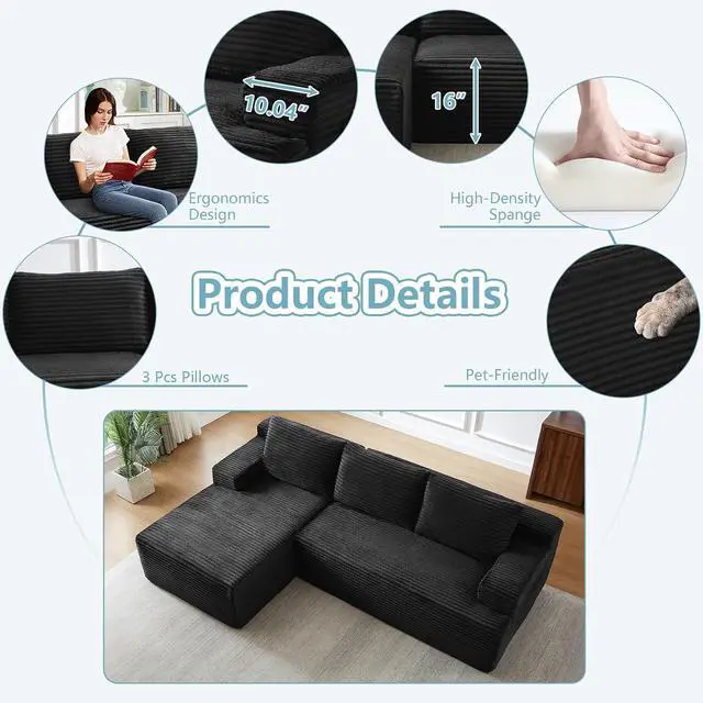 Alt view image 3 of 7 - 96" Cloud Sectional Couch with L-Shape Chaise, Modern Corduroy Boneless Couch for Living Room,Memory Foam Sofa with Deep Seat,No Assembly Required (Black,Left-Facing Chaise)