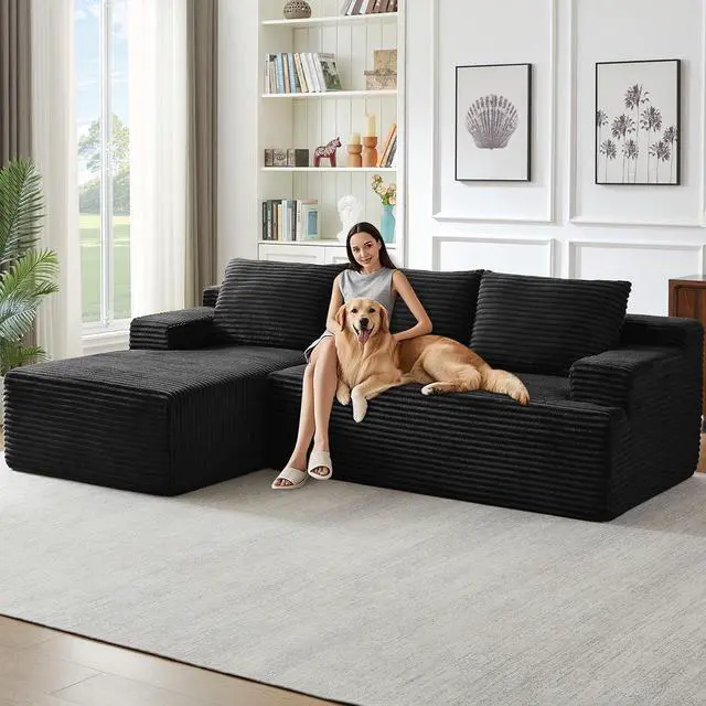 Main image of 96" Cloud Sectional Couch with L-Shape Chaise, Modern Corduroy Boneless Couch for Living Room,Memory Foam Sofa with Deep Seat,No Assembly Required (Black,Left-Facing Chaise)