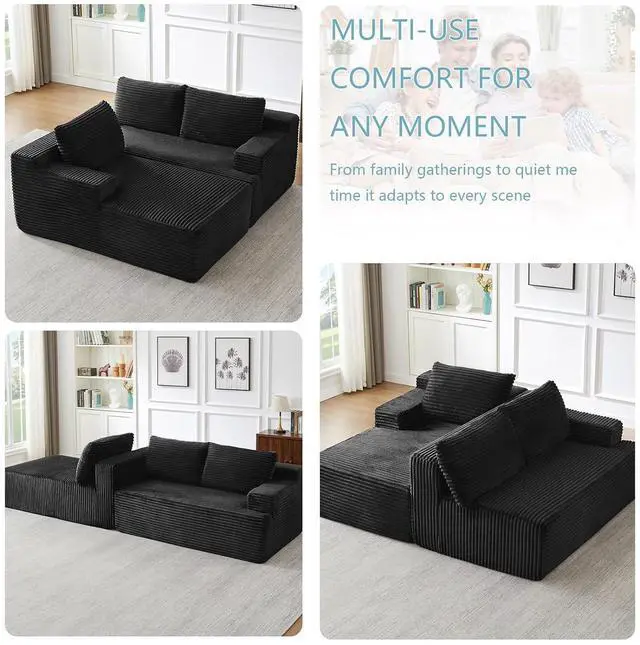 Alt view image 4 of 7 - 96" Cloud Sectional Couch with L-Shape Chaise, Modern Corduroy Boneless Couch for Living Room,Memory Foam Sofa with Deep Seat,No Assembly Required (Black,Left-Facing Chaise)