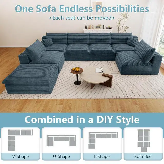 Alt view image 5 of 7 - 136" Cloud Sectional Couch with U-Shaped Chaise,6-Seater Corduroy Viral Boneless Sofa with Ottoman,Memory Foam Couches in a Box with Deep Seat for Living Room,No Assembly Required, Blue