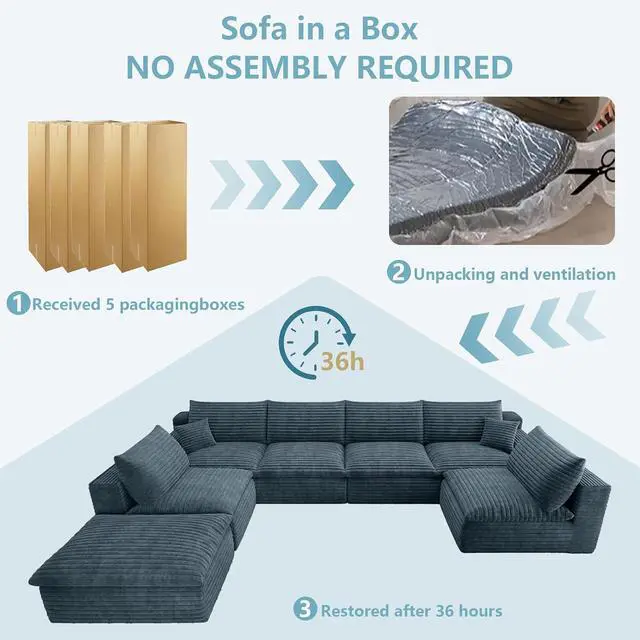 Alt view image 7 of 7 - 136" Cloud Sectional Couch with U-Shaped Chaise,6-Seater Corduroy Viral Boneless Sofa with Ottoman,Memory Foam Couches in a Box with Deep Seat for Living Room,No Assembly Required, Blue